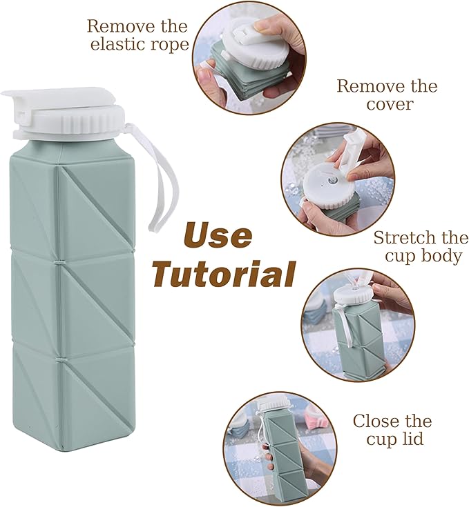 EOBTAIN Green Silicone Collapsible Water Bottle for Travel Leakproof Lightweight Foldable Water Bottles with Straw,20oz BPA Free Water Bottle for Sports Gym Hiking,Flexible and Durable.