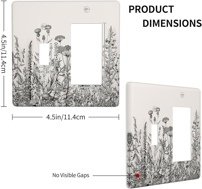 Vintage Grey Floral Herbs Wild Flowers Botanical 2 Gang Single Toggle Rocker Combination Boho Light Switch Covers Decorative Country Unique Wall Plate Cover Electrical Faceplate Switchplate