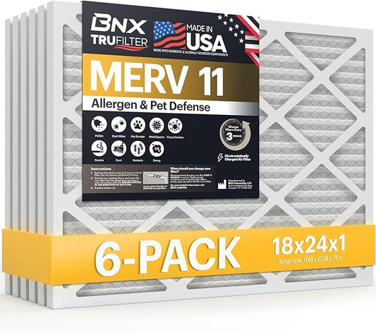 BNX TruFilter 18x24x1 Air Filter MERV 11 (6-Pack) - MADE IN USA - Allergen Defense Electrostatic Pleated Air Conditioner HVAC AC Furnace Filters for Allergies, Dust, Pet, Smoke, Allergy MPR 1200 FPR 7