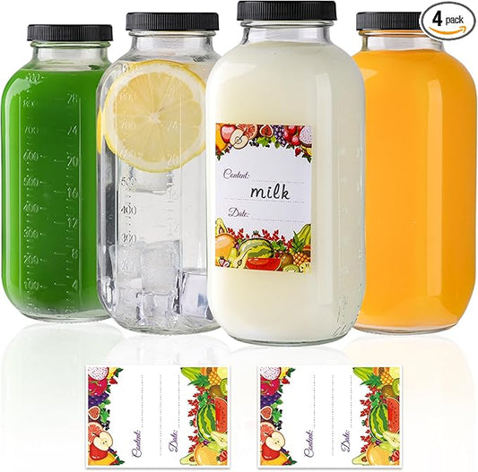 4Pack Juicing Bottles Reusable Glass 32oz,Reusable Square Glass Juice Bottles with Lids,Clear Empty Glass for Beverages, Jams, Kombucha, Milkshakes,Oils(32fl.oz,Set of 4)