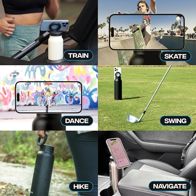 Ringo Insulated Water Bottle - Compatible MagSafe Water Bottle w/Phone Holder - Stainless Steel School Water Bottle w/Magnetic Phone Mount for Kids & Adult-Hot 12H, Cold 24H 360° Rotate - Black 32oz