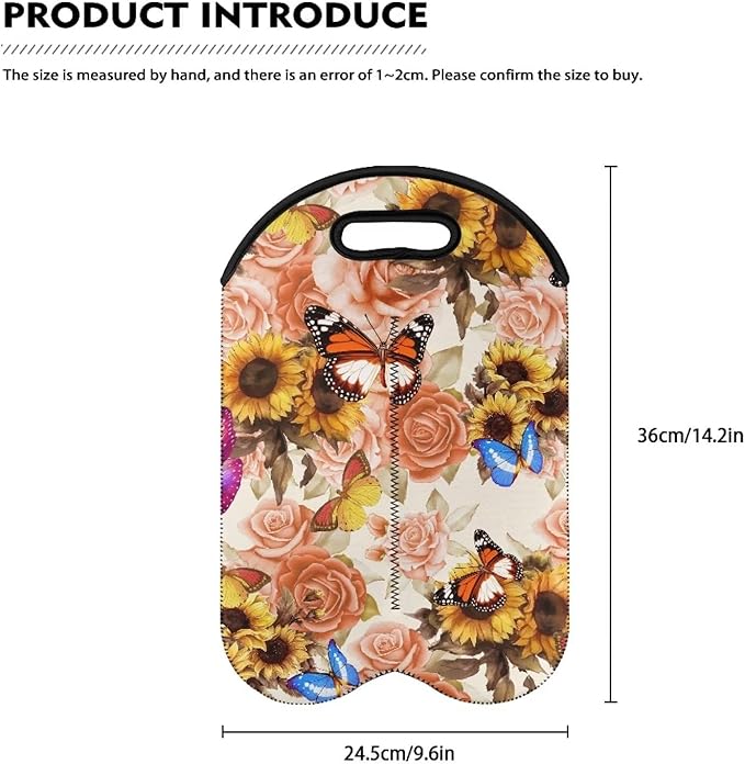 doginthehole Rose Butterfly Wine Bag Two Bottles Wine Bottle Carriers Tote Sunflower Print Wine Carrying Cooler Tote Bag Reusable Wine Bottle Protector Neoprene Protective Sleeve