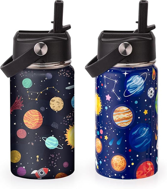 Kids Insulated Water Bottle, 2 Pack 12oz Space Water Bottles Bulk with Flip Straw & Big Handle, 18/8 Stainless Steel, Gifts for Kids Boys Girls to School Travel Sports, Hands Wash Only, Blue & Black