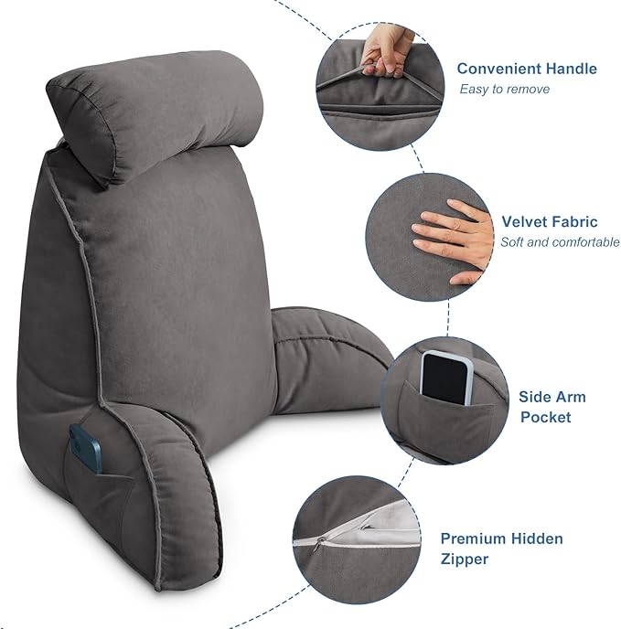 Reading Pillow for Bed Adult Size, Back Pillow for Sitting in Bed, Shredded Memory Foam Bed Chair Pillow with Arms, Pockets, Washable Cover (Dark Grey, Large)