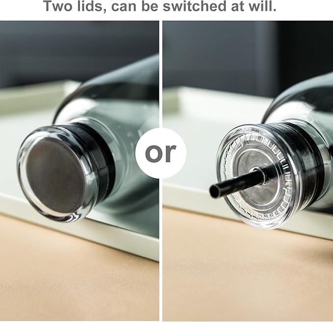 Glass water bottle With Time Marker -24oz with 2 caps and straw,Reusable Glass Drinking Bottles，Suitable For Drinks, Juices, Sodas, Coke, As Gifts Etc (Smoky 24oz*2pcs)