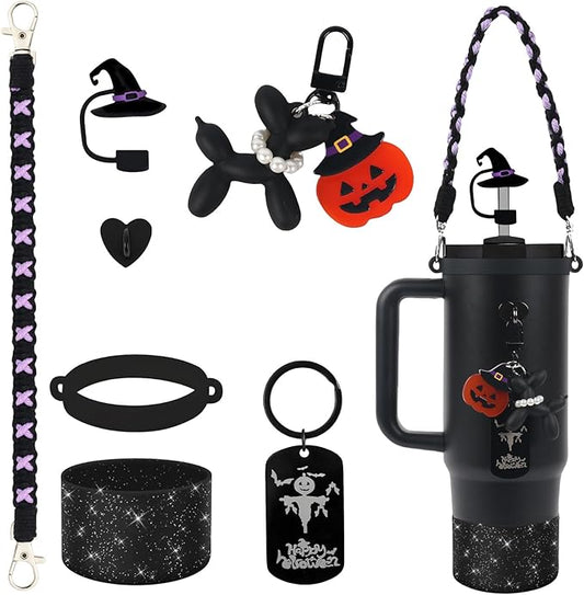 BELSITA Stanley Cup Accessories Set, Black Dog Chain Braided Design Water Bottle Handle Strap, Black Glitter Silicone Stanley Cup Boot, Stanley Charms for Stanley Cup 30/40oz Tumble(Halloween 1)