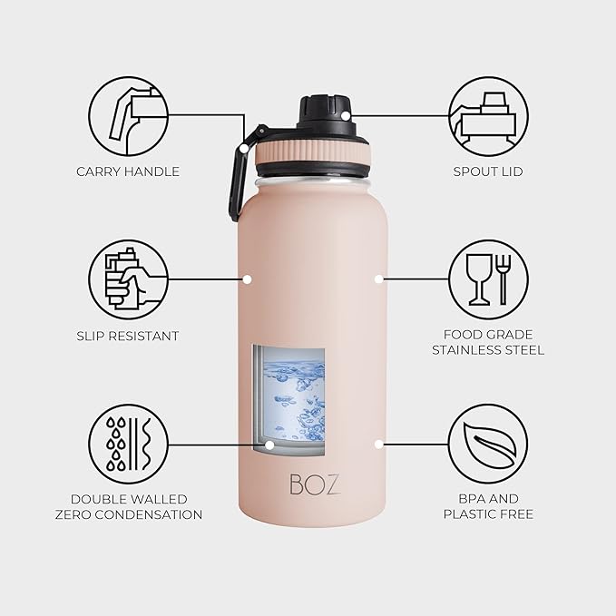 BOZ Stainless Steel Water Bottle - Vaccum Insulated Water Bottle 32 Oz - Wide Mouth BPA Free Sport Water Bottle for Gym with Spout Lid - Thermal Hot & Cold 1 Litre Pink Water Bottle