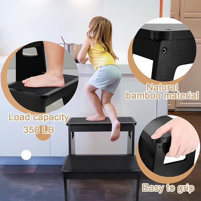 Bamboo Two Step Stools for Adults, Portable Step Stool for Pregnant and Adults with Non-Slip Mat, Foldable Step Stool for Kitchen, Toilet, Bathroom, Bedroom, Camping