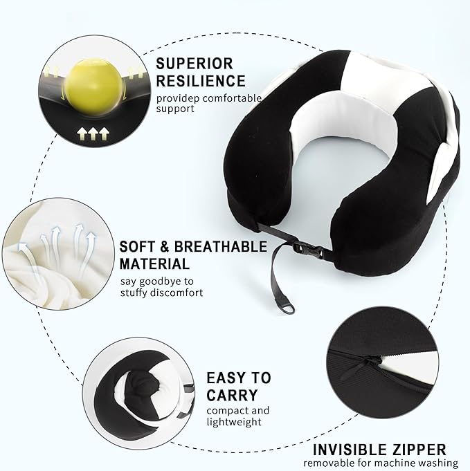 Hooded Neck Pillow for Kids and Adults, 100% Pure Memory Foam Upgraded Travel Pillow with Hood, Kids Neck Pillow for Airplane, Outdoor, Office, Soft, Washable, Easy Storage, Panda