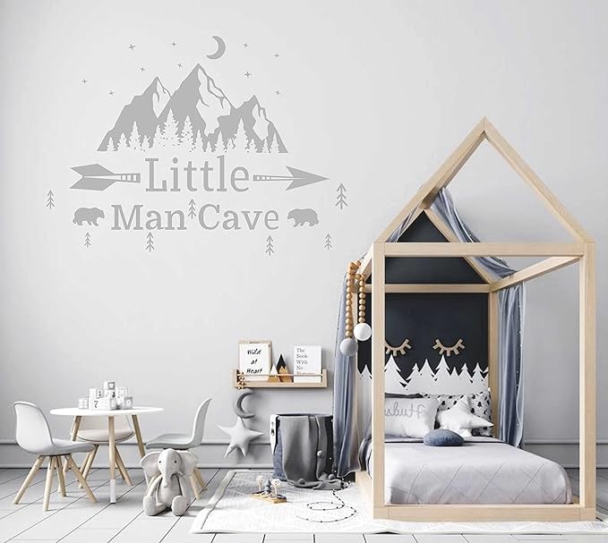 Little Man Cave Mountains Vinyl Decals, Landscape with Animals Stickers, Mountain Moon Stars Decal for Nursery Room,Kids Décor A9 (State Gray)