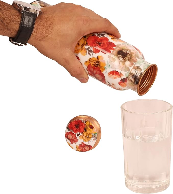 Pure Copper Water Bottle - Handcrafted - Ayurveda health benefits - Large 35 oz - Leak proof - Easy to carry for Sports, Fitness, Yoga, School - White Base Floral Vintage Colors Enamel