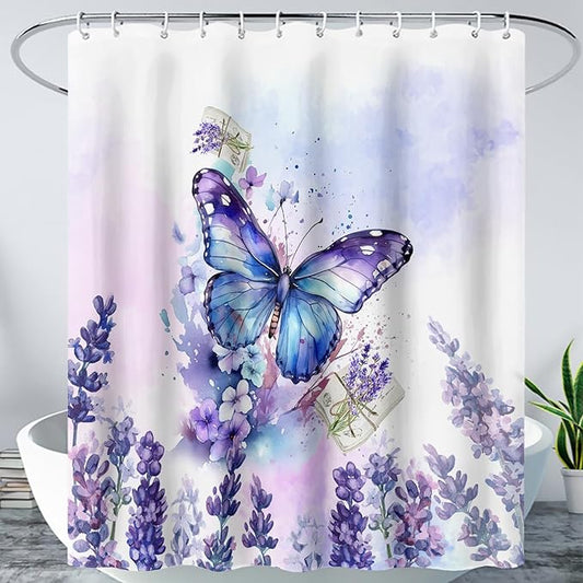 AILONEN Beautiful Butterfly Shower Curtain Bathroom 72" W*84" H Purple Butterfly Curtain Cloth Fabric Bathroom for Girls Kids,Deep Color Shower Curtain Set