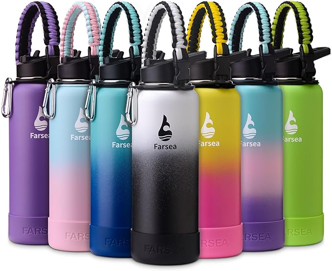 Farsea Insulated Water Bottle With Paracord Handle, Protective Boot and 2 Lids (Straw Lid & Spout Lid), Stainless Steel Water Bottle Wide Mouth, Double Wall Sweat-Proof BPA-Free, 40 oz