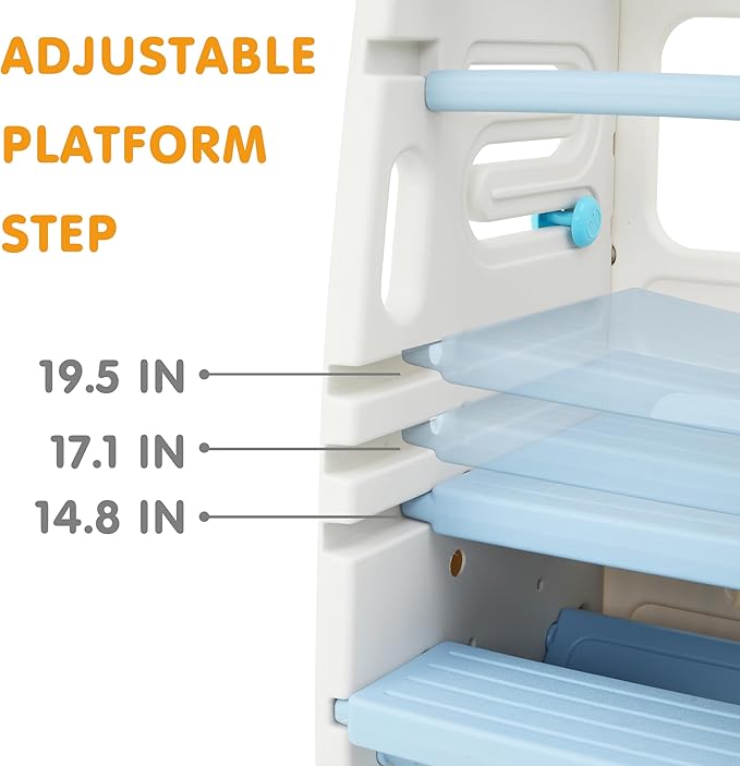 SDADI Multifunctional Toddler Tower with Double Safety Rails - Adjustable & Non-Slip for Kitchen and Bathroom Use - Montessori Step Stool for Kids, Beige and Baby Blue