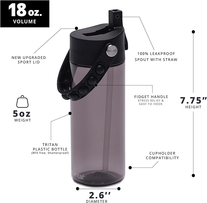 Elemental Leak Proof Water Bottles for Kids - Splash Kids Water Bottle for School with Fun Fidget Pop-it Handle - BPA Free Tritan Plastic Reusable Water Bottle with Straw - Black - 18oz