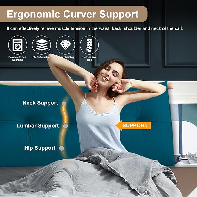 Large Triangular Headboard Pillows Long Backrest Positioning Support Bolster Cushion for Daybed Fluffy Quality Plush Body Wedge Pillow with Removable Cover(Navy Blue-Cal King-71x8x20 in)