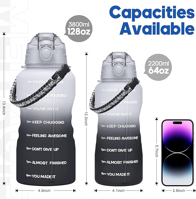 Water Bottles 1 / Half Gallon with Time Marker and Straw, Large Fitness Sports Motivational Bottle, Wide Mouth Leakproof and BPA Free for Travel, Gym,office,school