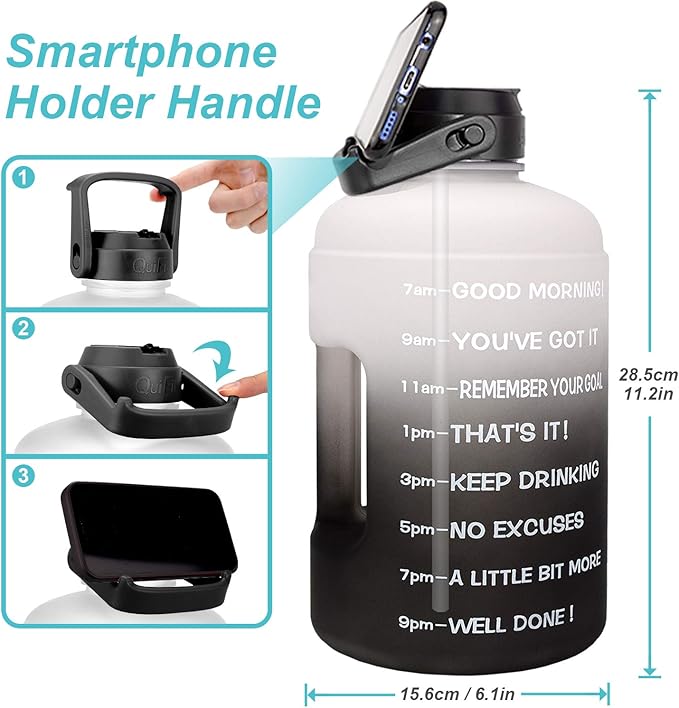 QuiFit 1 Gallon Water Bottle - with Straw & Motivational Time Marker Leak-Proof BPA Free Reusable Gym Sports Outdoor Large(128OZ) Capacity Water Jug(Gray/Black Gradient,1 Gallon)
