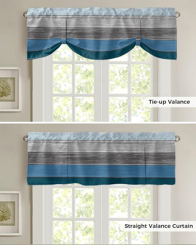 Farmhouse Blackout Tie Up Valance Curtains for Kitchen Windows,Blue Gray Ocean Hues Window Toppers Balloon Shades for Living Room/Bathroom/Bedroom,1 Panel,42" X 12" Retro Rustic Barn Wood Texture