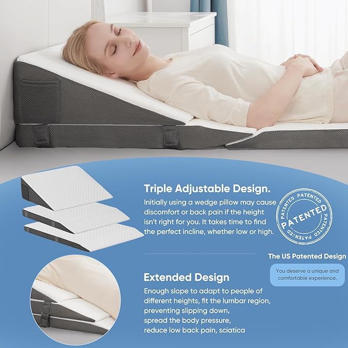 Forias Adjustable Wedge Pillow for Sleeping, 7.5 & 10 & 12 Inch Memory Foam Triangle Wedge Pillow Post Surgery for Back, Legs and Knee Support, Acid Reflux, Gerd, Heartburn and Snoring