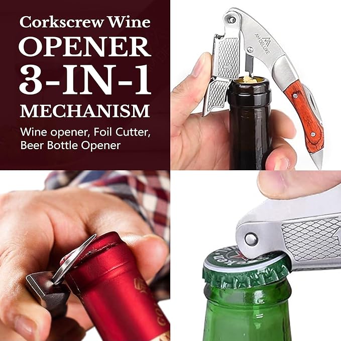 Premium AM DELUXE Waiter Corkscrew Wine Opener - Wine Key For Servers, Bartenders, Heavy Duty Stainless Steel & Pakka Wood Inlay, Serrated Foil Cutter, Cork Screw Wine Bottle Opener, Magnetic Gift Box