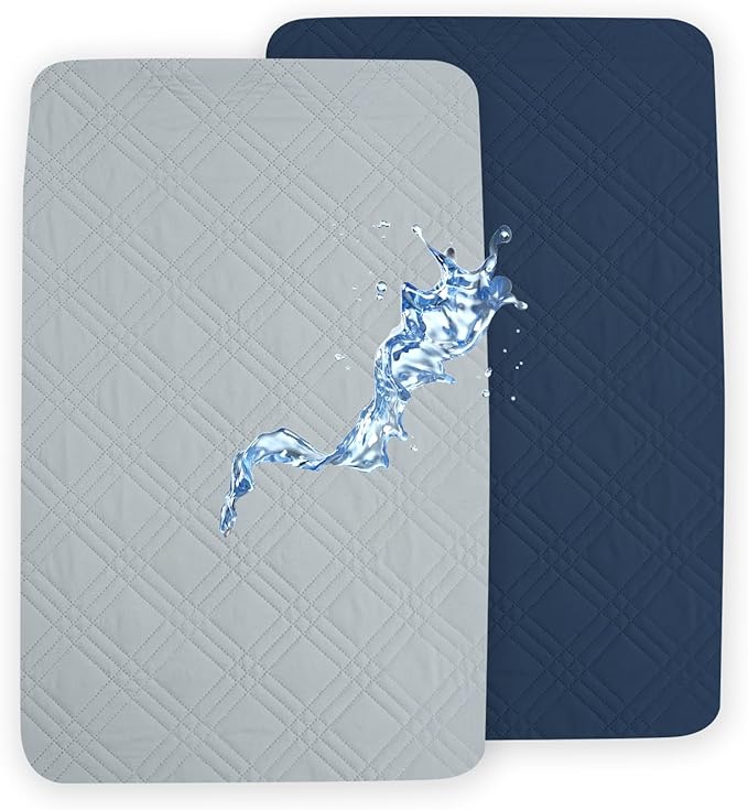 Waterproof Mini Crib Mattress Protector 2 Pack, Ultra Soft Breathable Mini Crib Mattress Pad Cover for Boys, Fit Pack N Play, Playard and Mini Crib Mattresses, Grey & Navy Blue