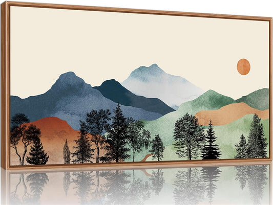 SIGNINART Large Boho Mountains Framed Canvas Wall Art, Watercolor Nature Landscape Art Prints, Neutral Modern Sunrise Art Paintings, Green Forest Wall Decor for Living Room, Bedroom, Office 20"x40"