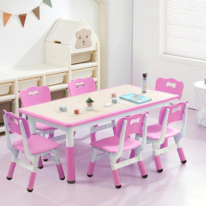 Kids Table and 6 Chair Set - Height Adjustable, Multifunctional Desk, Ergonomically Designed Chairs, Max 300lbs, for Ages 2-10, Classroom, Daycares, Home
