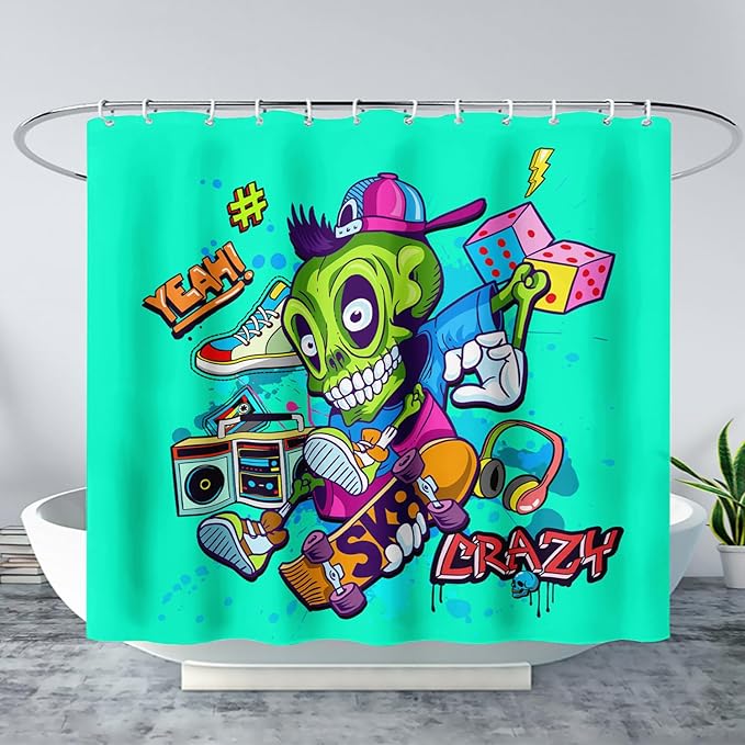 AILONEN Skate Skull Shower Curtain for Bathroom,Green Hip Hop Sport Skull Art Bathroom Curtain for Kids Girls Teen,Bath Curtain 60" W*72" H Polyester Waterproof Bathroom Curtain with 12 Hooks