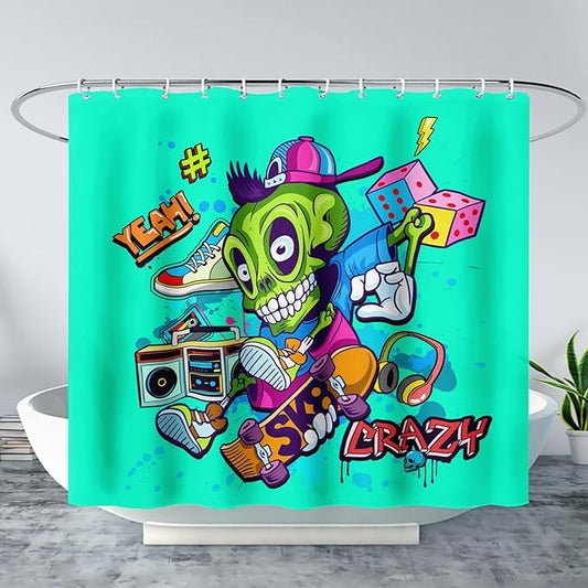 AILONEN Skate Skull Shower Curtain for Bathroom,Green Hip Hop Sport Skull Art Bathroom Curtain for Kids Girls Teen,Bath Curtain 72" W*72" H Polyester Waterproof Bathroom Curtain with 12 Hooks