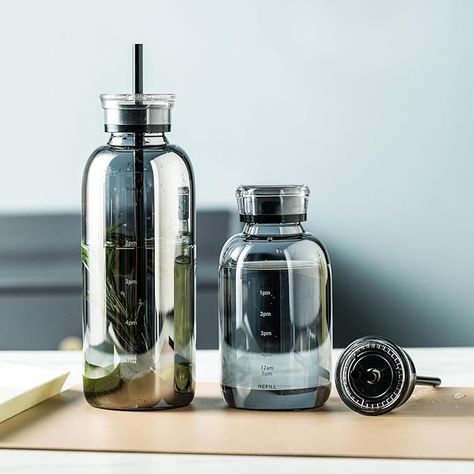Glass water bottle With Time Marker -24oz with 2 caps and straw,Reusable Glass Drinking Bottles，Suitable For Drinks, Juices, Sodas, Coke, As Gifts Etc (Smoky 24oz)