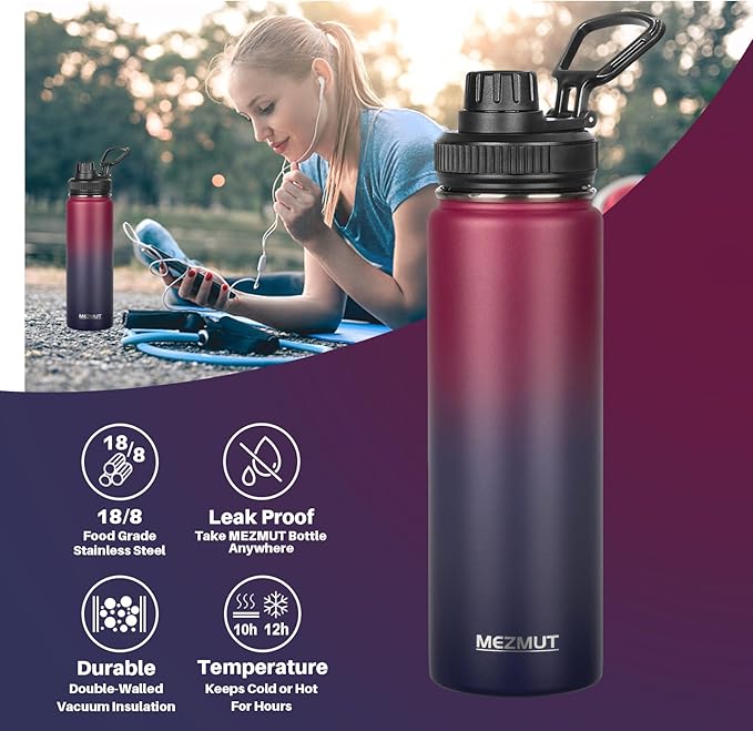 Insulated Water Bottle 24oz Stainless Steel Water Bottles with Straw&3 Lids Sports Metal Water Bottle Thermos Cup Double Walled Vacuum Insulated Bottles Leak-Proof Travel (Gradient Red Blue)