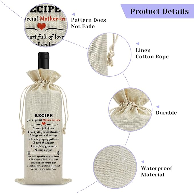 Mother in Law Gift Wine Bags Wedding Thank You Gift for Mother in Law from Daughter in Law Birthday Gifts for Mother in Law Bonus Mom Gift Christmas Mothers Day Gifts Drawstring Wine Bottle Bag