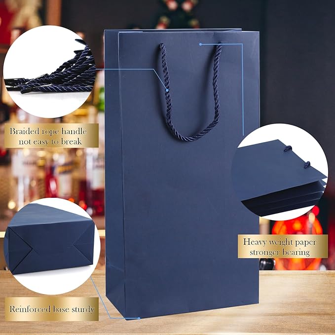 Prembag Wine Bag for Double Wine Bottles,Navy Blue Double Wine Gift Bags, 7"x 3.5"x13.8" Whiskey/Liquor Wine Bottle Bags For Gifts, 2 Bottle Wine Bags with Rope Handles,4 Pcs
