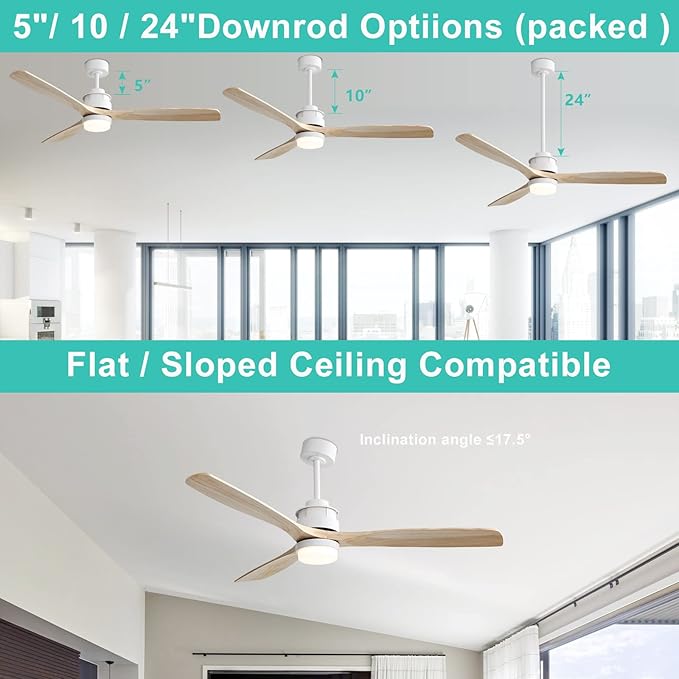 Sofucor 60" Ceiling Fan with Lights Remote Control, 3 Poles for Indoor Outdoor Ceiling Fan with Remote, Wood Ceiling Fan with 3 Color Temperature & Adjustable Brightness, Light Wood Grain