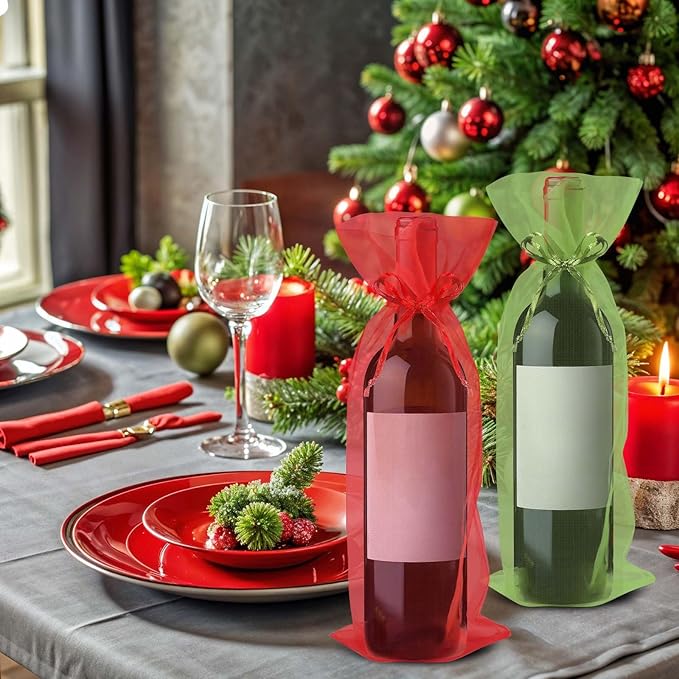 Megitzuu 20 Pieces Organza Wine Bags, 14.6 x 5.5 Inch Wine Gift Bag with Drawstring Sheer Mesh Wine Gift Pouches Bottle Covers for Halloween Christmas Wedding Party Favors (Red+Green)
