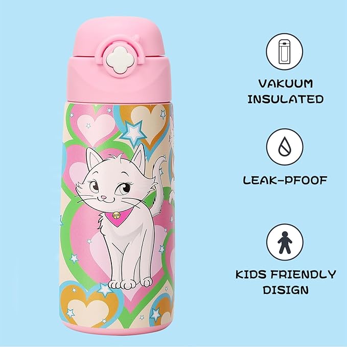 Kids Insulated Water Bottle with Covered Pop-Up Straw,16oz Kids Cups with Stainless Steel Leak Proof for School Boys Girls（3-Cat）