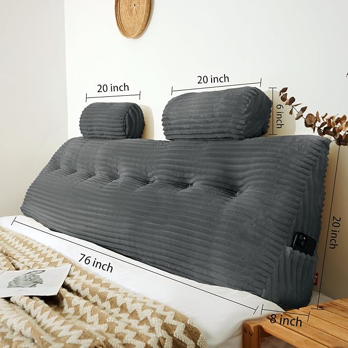 Headboard Wedge Pillow with 2 Pack Neck Roll Pillow Large Headboard Pillow King Wedge Pillow Headboard Soft and Supportive Bed Rest Reading Pillows for Sitting in Bed with Removable Cover