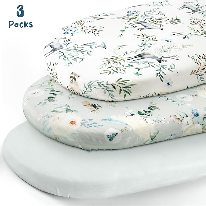 Stretchy Ultra Soft Fitted Bassinet Sheet Set 3 Pack, Universal Fit for Bassinets Baby Cradle Moses Basket Oval Rectangle Mattress Safe and Snug, Stylish Print