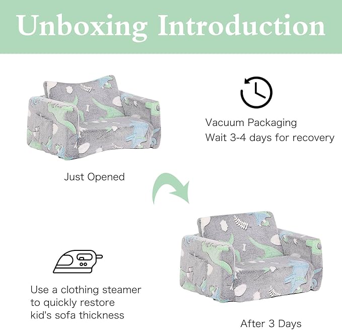 Tiita Kids Sofa, 2-in-1 Kids Sofa Chair, Convertible Children Couch to Lounger, Flip Out Kids Sofa Chair, Toddler Armrest Chair Bed for Girl or Boy(Dark Grey Dinosaur)