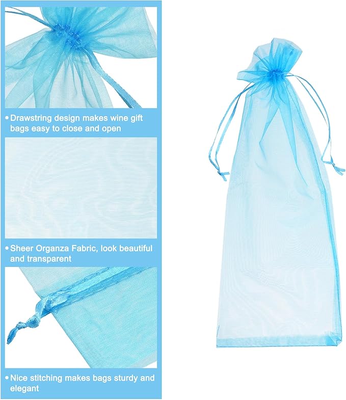 uxcell Organza Wine Bags, 12PCS 14.5 x 5.5 In Light Blue Sheer Mesh Organza Wine Wrapping Bags With Drawstring Wine Gift Pouches for Bottle Birthday, Wedding Party