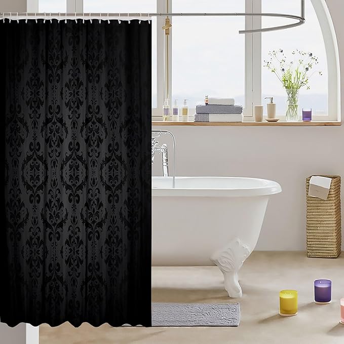 Feelyou Black Damask Pattern Shower Curtain 72"x72" Kids Vintage Floral Bathroom Shower Curtain Set for Boys Girls Teens Antique Victorian Baroque Bath Curtain Baroque Style Bathroom Accessories