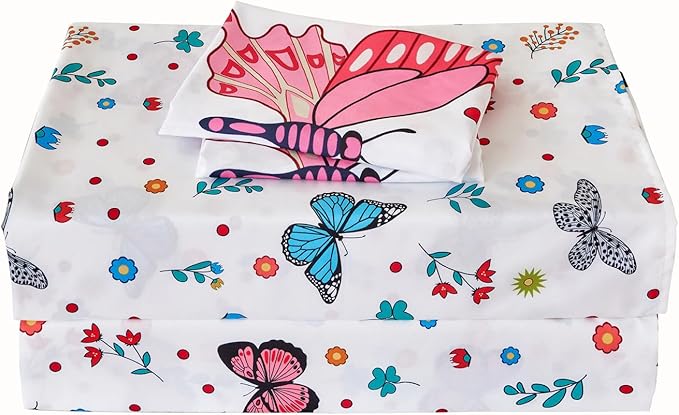 RYNGHIPY Girls Bed Sheets Twin: Butterfly Sheets Set for Girls Kids Bedsheets Deep Pocket 100% Microfiber Print Sheet Pillowcase Sets (Multicolor,Twin)