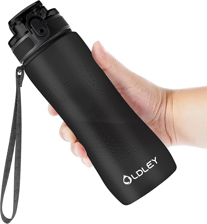 OLDLEY 25 oz Water Bottle, Motivational Water Bottle with Time Marker, Sports Water Bottle With Strap, Leakproof & BPA Free Large Water Bottles for School, Gym, Travel, Outdoor, Tritan,Black