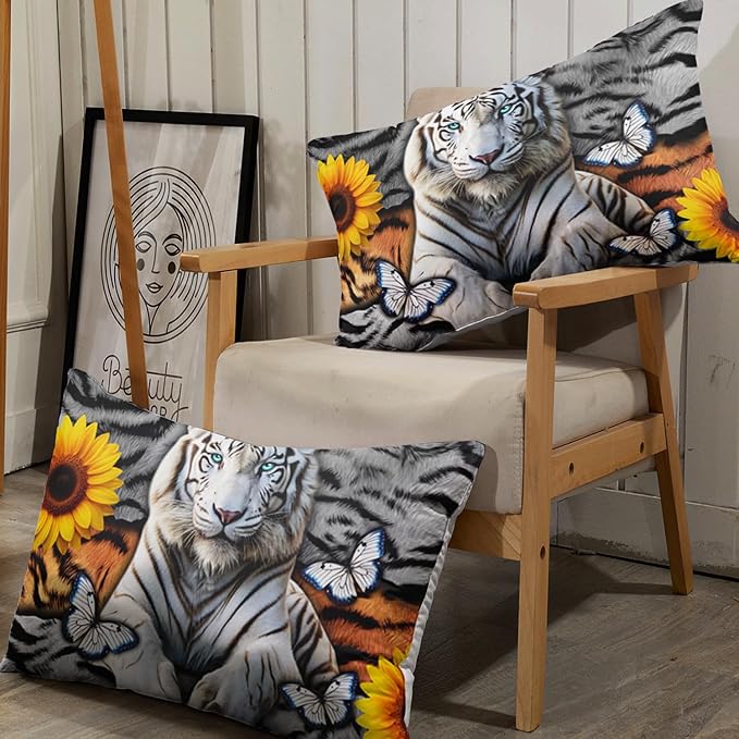 AILONEN Tiger Fitted Sheet Set Twin XL Size, 3 Pieces White Tiger Fur Printed Bed Sheet Set,Kids Boys Girls Sunflower Tiger Sheet Set,Butterfly Tiger Fitted Sheet with 2 Pillowcases