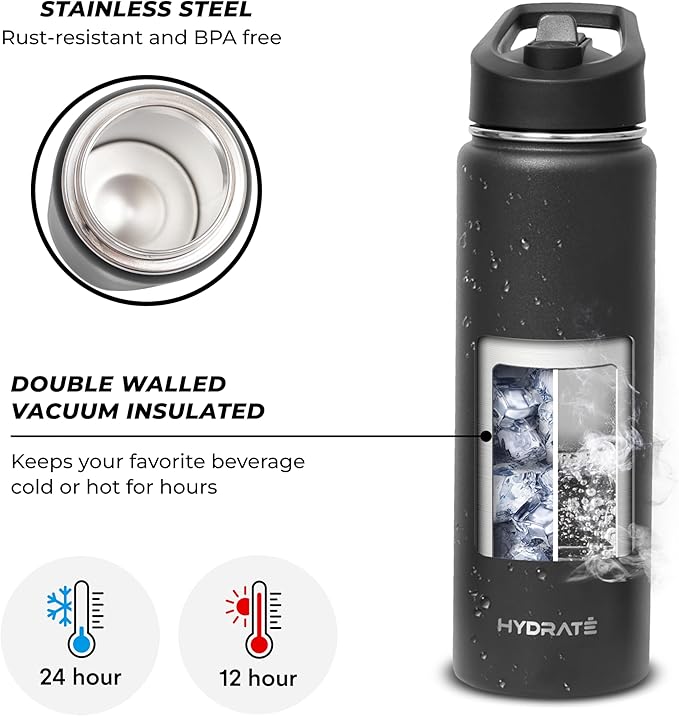 HYDRATE Insulated Stainless Steel Water Bottle - Large Reusable Flask with Leak-Proof Design and Convenient Handle - Double Vacuum Insulation for School, Work, or Adventure