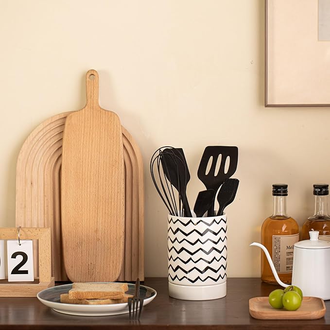 Small Utensil Holder for Kitchen Counter 4.1 x 6 Inches Ceramic Cooking Utensil Crocks Countertop Organizer Vintage Farmhouse Kitchen Decor Caddy,Ripple