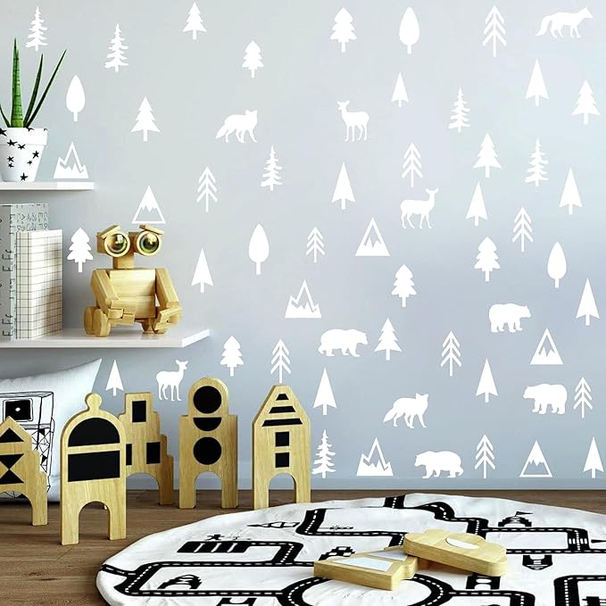 Woodland Animal Wall Decals Vinyl Pine Tree Wall Stickers Forest Animal Wall Stickers Mountain Small Tree Animals Deer Bear Wolf Woodland Wall Decals for Nursery Bedroom Kids Room Decor