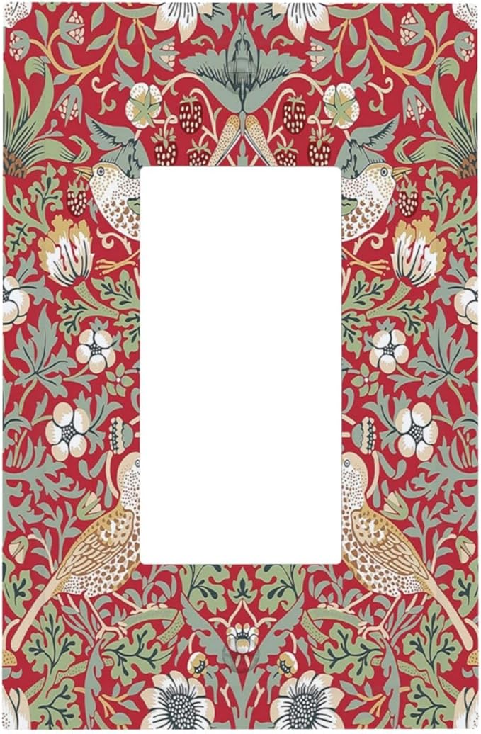 William Morris Strawberry Thief Botanical Red Green 1 Gang Rocker Light Switch Covers Single Decora Outlet Wall Plate Decorative Switchplate Faceplate GFCI for Country Bathroom Bedroom Kitchen Decor