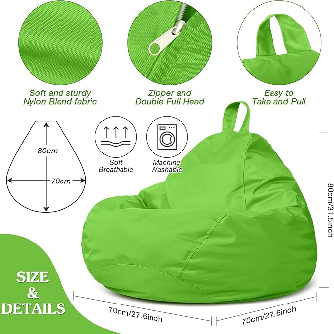 Meonum Bean Bag Chair Cover(No Filler) for Kids Stuffed Storage Bean Bag Chair Cover with Inner Liners for Easy Cleaning Bean Bag for Organizing Children (Green,27.6 x 31.5 Inch)